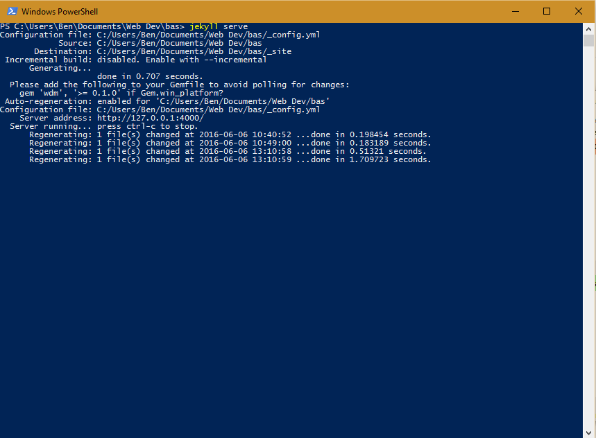 Image of Windows Powershell window with Jekyll running